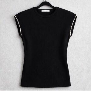 Zara Black Cap Sleeves Rhinestones Embellished Sexy Fitted Knit Top Shirt S